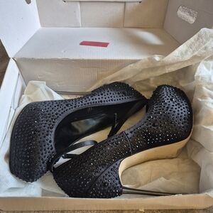 Women's Black Embellished Wedge Pumps / Matching Purse